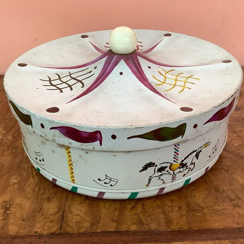 Vintage Carousel Merry Go Round Tin Guildcraft Horses Carnival Tent1 10” X 5.5”